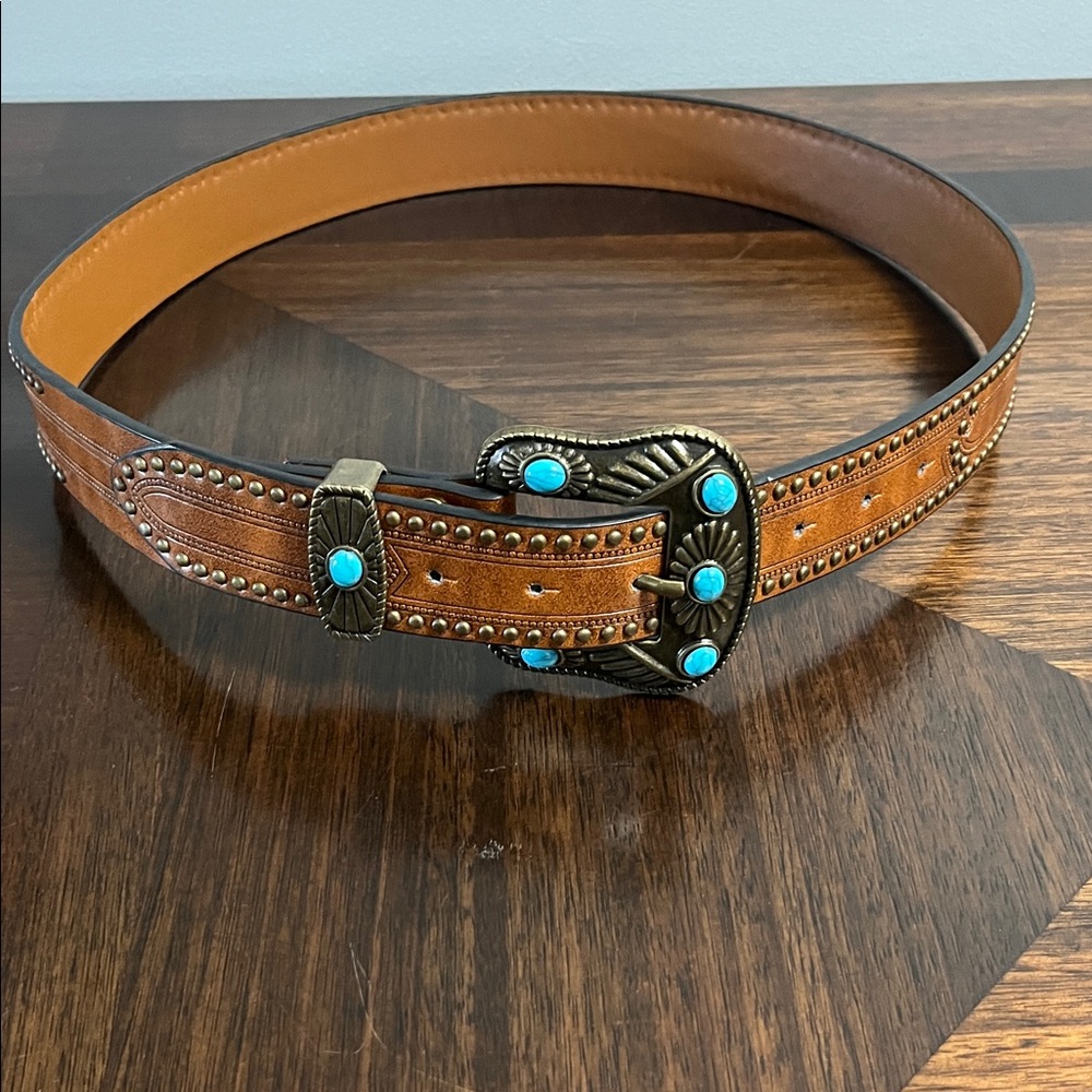 MEN’S Brown Leather Belt with Turquoise Accents NEW